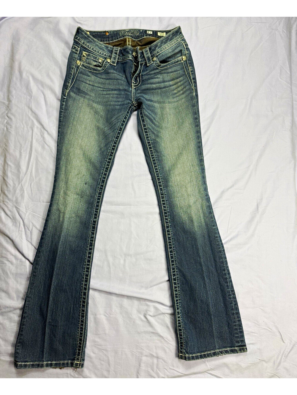 Miss Me Women's Blue Medium Wash Mid-Rise Slim Bootcut Jeans, Stretch 5-Pocket